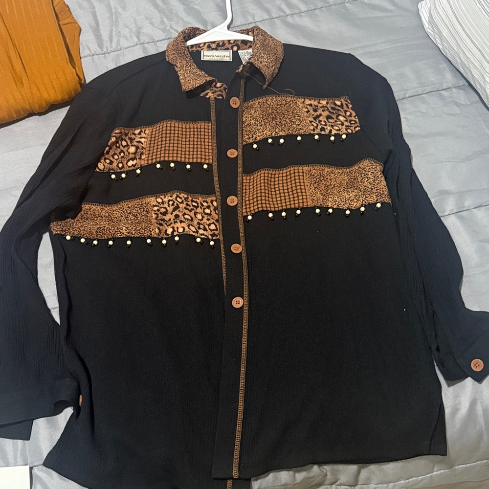 Black and Brown Button-Up Shirt with Leopard Print